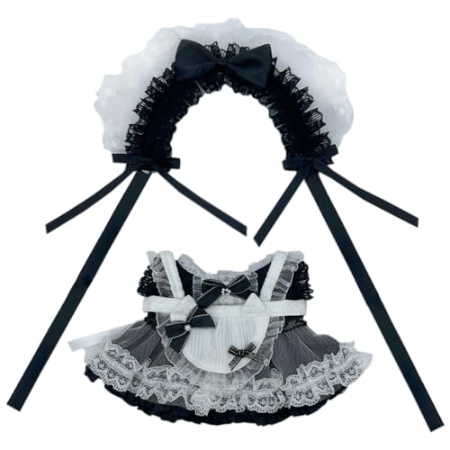 niannyyhouse Kopfschmuck Kleid Schürze 10 cm 15 cm 20 cm Plüschpuppe Spitze Dienstmädchen Outfit Verkleidungszubehör (Schwarz - 20 cm) von niannyyhouse