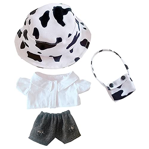 niannyyhouse Kuh-Kleidungsanzug, 20 cm, Plüschpuppe, Kleidung, Hut + Hemd + Shorts + Rucksack, 4-teiliges Set, Puppen-Dressup, Fischerhut, Denim-Shorts, weißes Hemd (weiß) von niannyyhouse