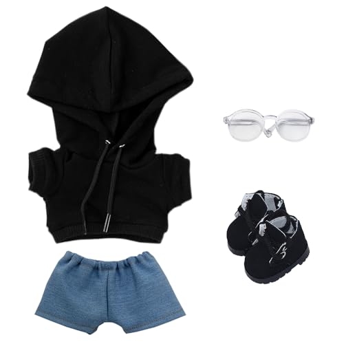 niannyyhouse Lose, solide Kapuzenpullover, Jeans, Brille, hohe Lederschuhe, 10 cm, 15 cm, 20 cm, Plüschpuppenkleidung, weich, gefülltes Plüschtier, Verkleidungszubehör (A1, 10 cm) von niannyyhouse