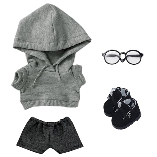 niannyyhouse Lose, solide Kapuzenpullover, Jeans, Brille, hohe Lederschuhe, 10 cm, 15 cm, 20 cm, Plüschpuppenkleidung, weiches gefülltes Plüschtier, Verkleidungszubehör (A9, 10 cm) von niannyyhouse