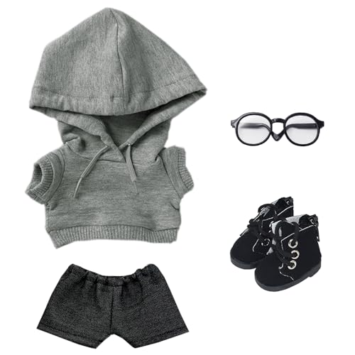 niannyyhouse Lose, solide Kapuzenpullover, Jeans, Brille, hohe Lederschuhe, 10 cm, 15 cm, 20 cm, Plüschpuppenkleidung, weiches gefülltes Plüschtier, Verkleidungszubehör (A9, 15 cm) von niannyyhouse