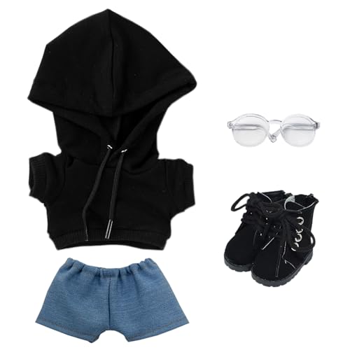 niannyyhouse Lose, solide Kapuzenpullover, Jeans, Brille, hohe Lederschuhe, 10 cm, 15 cm, 20 cm, Plüschpuppenkleidung, weiches Stofftier, Verkleidungszubehör (A1, 20 cm) von niannyyhouse