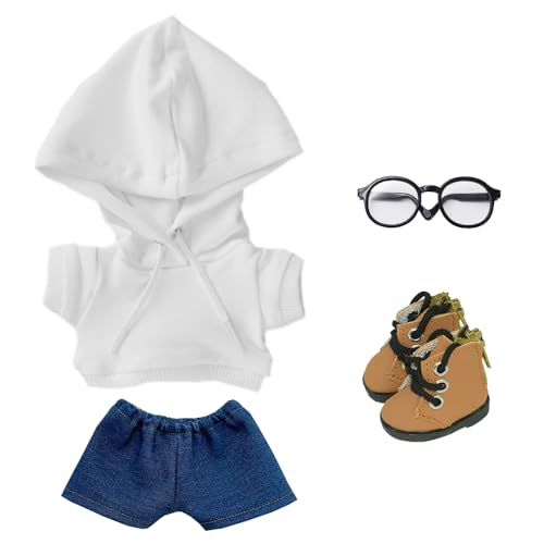 niannyyhouse Lose, solide Kapuzenpullover, Jeans, Brille, hohe Lederschuhe, 10 cm, 15 cm, 20 cm, Plüschpuppenkleidung, weiches gefülltes Plüschtier, Verkleidungszubehör (A2, 15 cm) von niannyyhouse