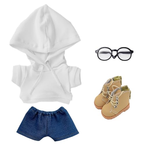 niannyyhouse Lose, solide Kapuzenpullover, Jeans, Brille, hohe Lederschuhe, 10 cm, 15 cm, 20 cm, Plüschpuppenkleidung, weiches gefülltes Plüschtier, Verkleidungszubehör (A2, 20 cm) von niannyyhouse