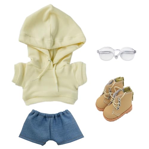 niannyyhouse Lose, solide Kapuzenpullover, Jeans, Brille, hohe Lederschuhe, 10 cm, 15 cm, 20 cm, Plüschpuppenkleidung, weiches gefülltes Plüschtier, Verkleidungszubehör (A8, 20 cm) von niannyyhouse