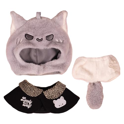 niannyyhouse Plüschpuppenkleider-Set, 10-15 cm, Hut, Umhang, Hose, Wolfbär-Muster, Stofftiere, Verkleidungszubehör (Grau) von niannyyhouse