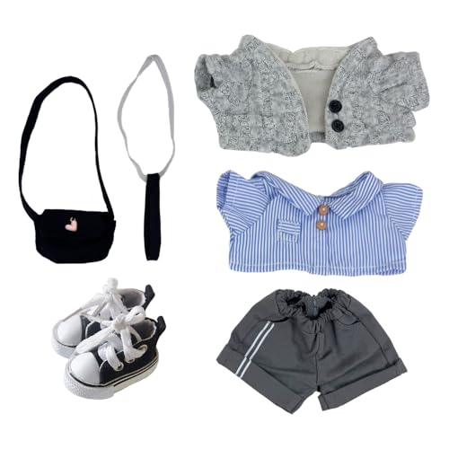 niannyyhouse Plüschpuppenkleider-Set, 20,3 cm, 6-teiliges Ankleide-Zubehör mit Jacke, Hemd, Hose, Schuhen, Tasche, Krawatte für 20 cm weiche Stofftiere (Grau) von niannyyhouse