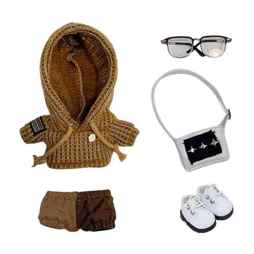 niannyyhouse Plüschpuppenkleidung, Wolle, Hoodie, Hose, Rucksack, Brille, Lederschuhe, farbblockiertes Outfit, Puppen-Kostüm, 10 cm, 10 cm, Braun von niannyyhouse