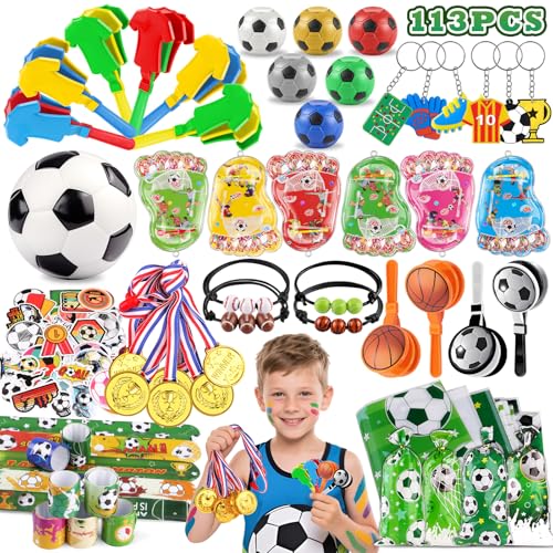 nicknack 113 Stück Fußball Mitgebsel Kindergeburtstag - Fussball Geburtstag Party Mitgebsel & Pinata Füllung - 11 Spielzeuge Give Aways für Jungen Mädchen, Fussball Deko Geburtstag Kinder von nicknack