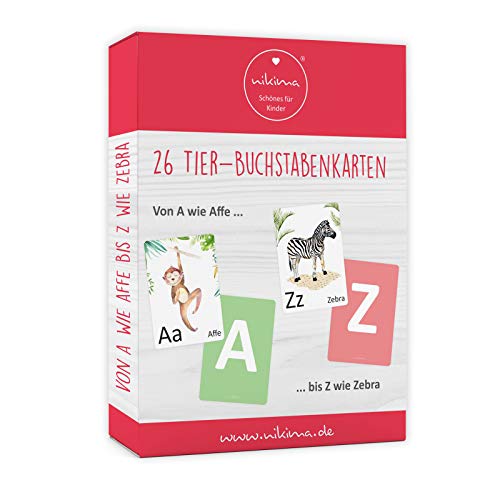 26 Tier Buchstabenkarten Lernkarten - Ich lerne das Alphabet - ABC Lernspiel Karten für Vorschule und Schule Set von nikima Schönes für Kinder