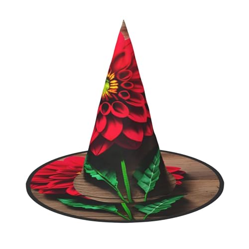 njkhbolk Modischer Holzbrett, Retro-Blume, roter Dahlien-Druck, Halloween, kompletter Hut, faltbare Cosplay-Kopfbedeckung, Kostümzubehör von njkhbolk