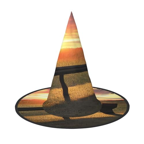 njkhbolk Modischer Lonely Bench Sonnenuntergang-Druck, Halloween, voller Hut, faltbare Cosplay-Kopfbedeckung, Kostümzubehör von njkhbolk