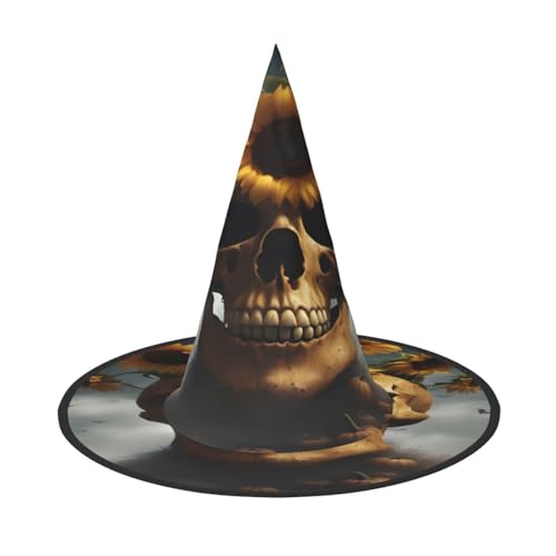 njkhbolk Modischer Sonnenblumen-Halloween-Totenkopf-Druck, Halloween, voller Hut, faltbare Cosplay-Kopfbedeckung, Kostümzubehör von njkhbolk