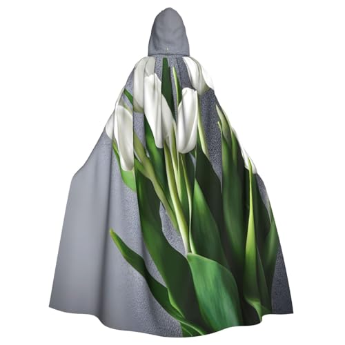 njkhbolk Unisex Kapuzenumhang mit weißen Tulpen und Blumen, volle Länge, Halloween-Umhang, Cosplay, Karneval von njkhbolk