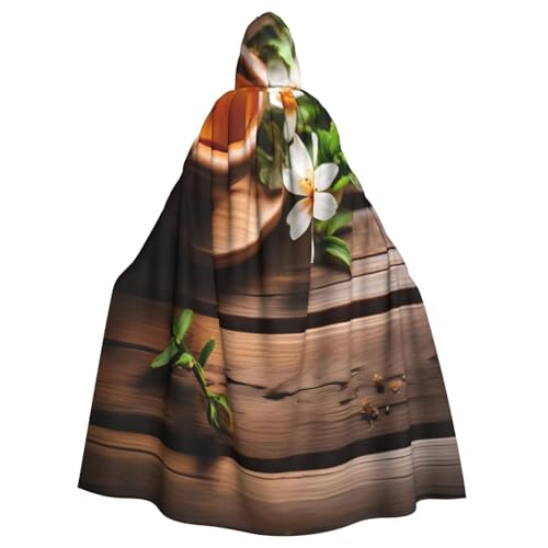 njkhbolk Unisex-Umhang mit Kapuze, blaugrüne Blume auf Holzplanken-Druck, Halloween-Umhang, Cosplay, Karneval von njkhbolk