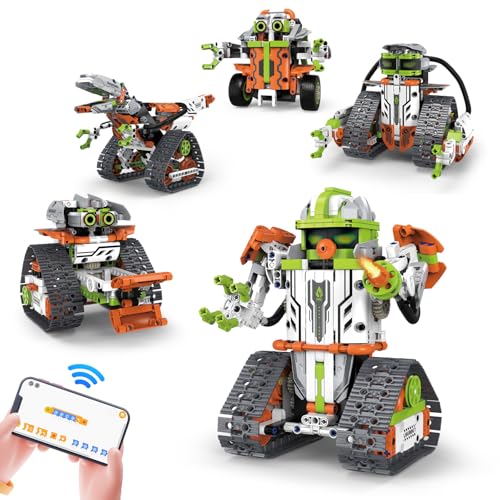 nmoiww Ferngesteuerter Bausteinroboter, 5-in-1-App und Roboterpanzer-Geländewagen (Gelb Grün) von nmoiww