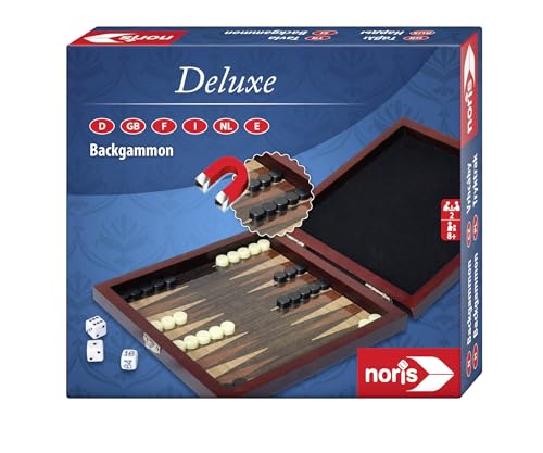 Noris 606108004 Reisespiel Backgammon - ab 8 Jahren – mit magnetischen Spielfiguren in einer Holz Box, 16 x 16 cm von Noris