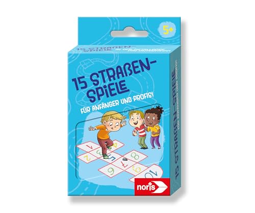 noris 606092106-15 Straßen-Spiele mit Kreide für Kinder ab 5 Jahre - Set aus bunter Straßenmalkreide und Spiel-Anleitungen in Blechdose, Outdoor-Spielzeug für Anfänger und kleine Profis von noris