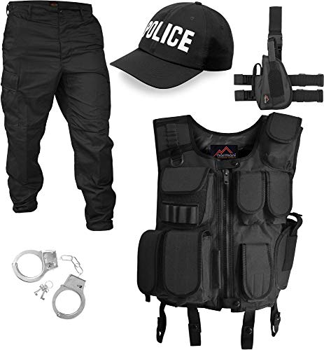 normani SWAT/Security/Police Kostüm bestehend aus Weste, Hose, Pistolenholster, Handschellen und Basecap Farbe Schwarz/Police Größe L von normani