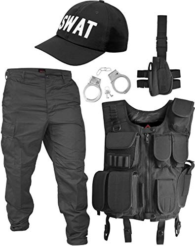 normani SWAT/Security/Police Kostüm bestehend aus Weste, Hose, Pistolenholster, Handschellen und Basecap Farbe Schwarz/SWAT Größe XXL von normani