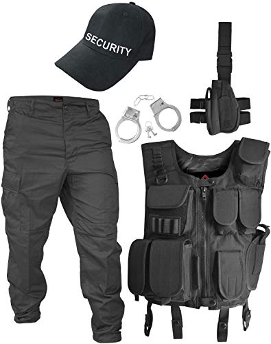 normani SWAT/Security/Police Kostüm bestehend aus Weste, Hose, Pistolenholster, Handschellen und Basecap Farbe Schwarz/Security Größe L von normani