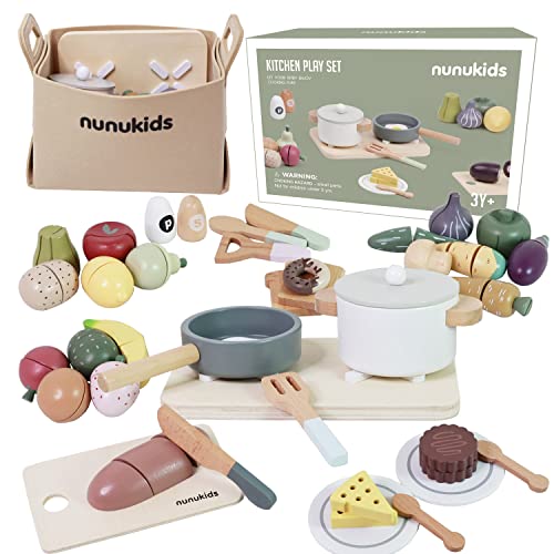 nunukids Wooden Play Food Sets for Kids Kitchen 42 pc Wooden Toys with Storage Basket Wood Pretend Food Play Kitchen Accessories Set von nunukids