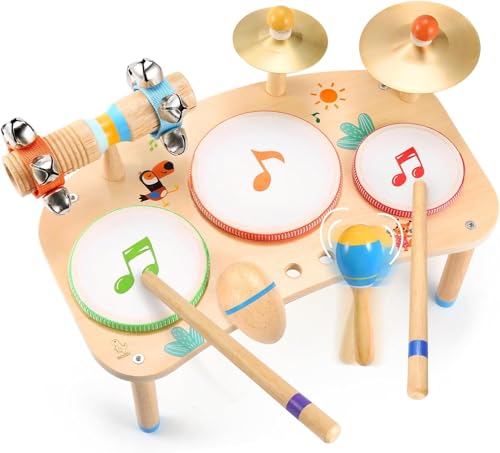 OATHX 11 in 1 Schlagzeug Kinder Trommel Holz – Musikinstrumente für Kinder ab 1 Jahr, Baby Spielzeug Montessori Geschenk für 1 2 3 4 5 6 Jahre Junge Mädchen von oathx