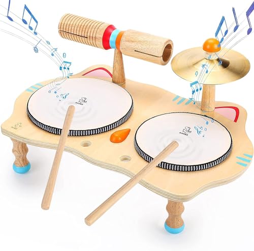 oathx Spielzeug für Kinder aus Holz Musikspielzeug Trommel 6 in 1 Musik Kinderspielzeug Musikinstrumente für Kinder ab 2 Jahr Montessori Baby Toys 3 4 5 Geschenke für Mädchen Jungen Schlagzeug von oathx