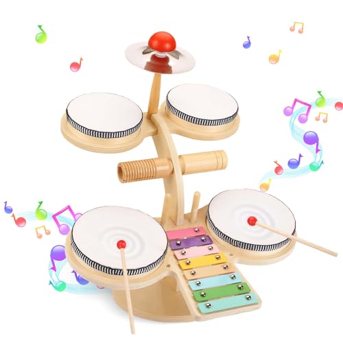 oathx Kinder Schlagzeug Kindertrommel,Baby Musikinstrumente Spielzeug für 1 Jahr ,Kleinkind Schlagzeug Kinderspielzeug,8 in 1 Holz Musikspielzeug für Kinder,Xylophon geschenk für Jungen Mädchen Kinder von oathx