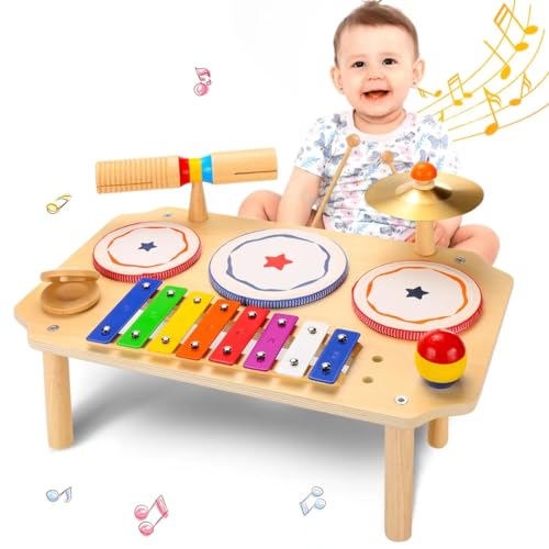 oathx Kinder Trommel Schlagzeug Set ab 1 Jahr,Kinderspielzeug Baby Musikspielzeug Musikinstrumente mit Xylophon,Holz Montessori Spielzeug Kindertrommel musikspielzeug für Kleinkinder Jungen Mädchen von oathx