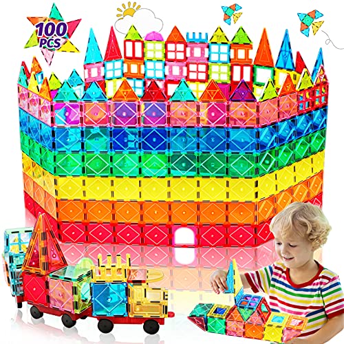 100PCS Magnetische Bausteine mit 2 Autos Magnetbausteine Kinder Magnetspiel Montessori Magnet Bausteine Magnetic Tiles Building Blocks Weihnachts Magnete Geschenk Spielzeug ab 3 4 5 6 7+ Junge Mädchen von obakaer