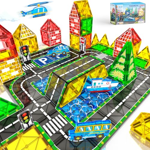 Magnetische Bausteine Straßenset mit Auto Magnetspiel Magnete Kinder Ausfahrbarem Magnetbausteine Straße Fliesen Spielzeug ab 3 4 5 Jahre Junge Mädchen Kinderspielzeug Weihnachten Geburtstag Geschenke von obakaer
