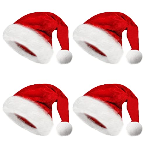 obqo 4 Stück Weihnachtsmütze Erwachsene - Flauschige Plüsch Nikolausmütze für Frauen Männer Extra dicker Samt Nikolaus Weihnachten Weihnachtsmann Mütze für Teenager Weihnachtsfeier Weihnachtszubehör von obqo