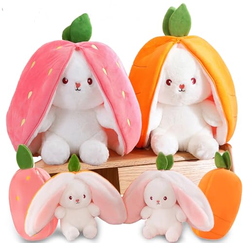 oeeo 2 Stück Hasen Verstecken,Osterhase Plüschtier, Erdbeerhasen Kissen Plüschtier 18cm mit Reißverschluss, Versteckspiel Ostergeschenk für Kinder, Jungen, Mädchen (Erdbeere) von oeeo