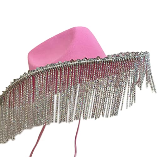 ohodhmnu Cowgirl-Hut mit Strasssteinen, Kuh-Mädchen-Hut mit Pailletten, Strass, Fransen, Erwachsenengröße, Cowboyhut für Party, 3 Farben von ohodhmnu