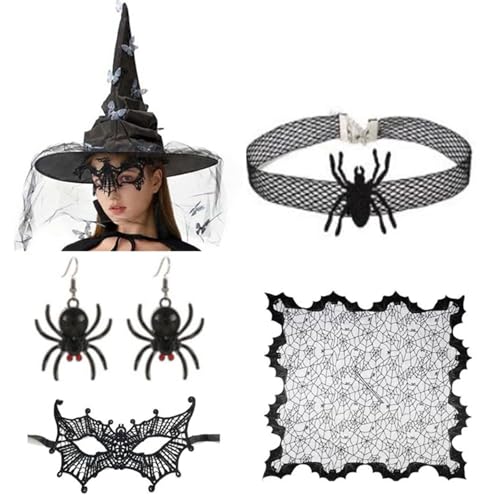 omiinitio Frauen Hexenkostümzubehör Mit Hexenhut Augenmaske Halskette Ohrringe Für Frauen Halloween Maskerade Cosplay Gothic Kostüm von omiinitio