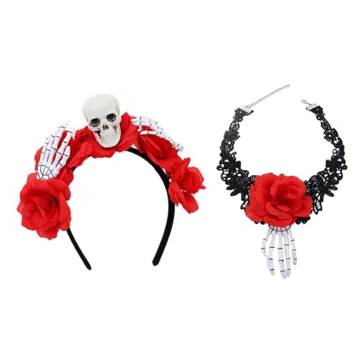 omiinitio Mexikaner Tag Des Deads Kostüm Halloween Zuckerschädel Rosen Stirnband Kopfstücksschädel Handblume Spitze Halskette Dia De Los Muerto Kostüm von omiinitio