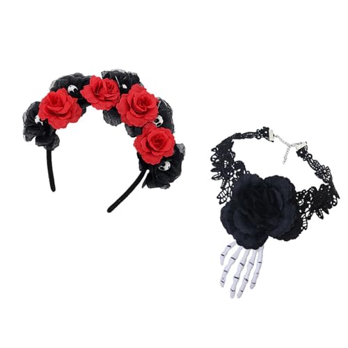 omiinitio Mexikaner Tag Des Deads Kostüm Halloween Zuckerschädel Rosen Stirnband Kopfstücksschädel Handblume Spitze Halskette Dia De Los Muerto Kostüm von omiinitio