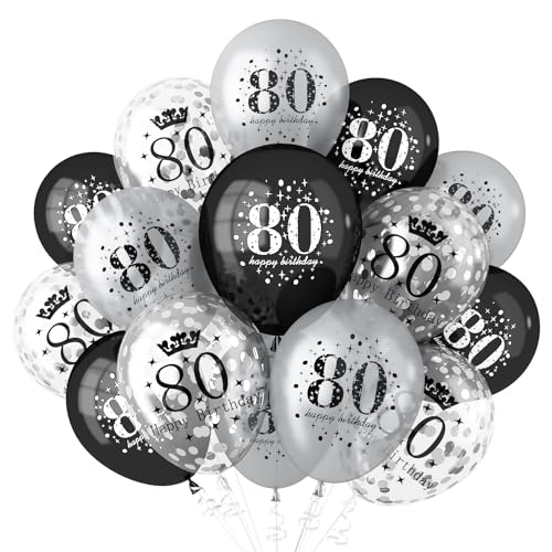 Luftballon 80 Geburtstag Schwarz Silber, 80 Jahre Geburtstag Deko, Geburtstagsdeko 80 Jahre Mann Frau, Deko zum 80 Geburtstag Ballon Schwarz Silber Konfetti, 80. Geburtstag Jubiläum Party Ballons von onehous