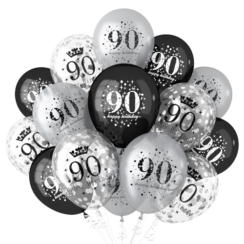 Luftballon 90 Geburtstag Schwarz Silber, 90 Jahre Geburtstag Deko, Geburtstagsdeko 90 Jahre Mann Frau, Deko zum 90 Geburtstag Ballon Schwarz Silber Konfetti, 90. Geburtstag Jubiläum Party Ballons von onehous