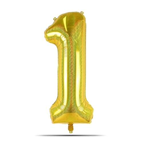 onehous Luftballon Zahlen 1 Glitzer Gold, Lasergold XXL Riesige Folienballon in 40" - 101cm Geburtstagsdeko, Ballon Zahl Deko für Mann Frau Geburtstagsparty Deko, Hochzeit, Jubiläum, Fliegt mit Helium von onehous