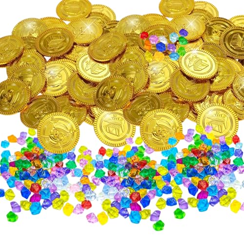 oooaooo 200 Stück Schatztruhe Kindergeburtstag, Goldmünzen Kinder, Schatzsuche Kindergeburtstag 6 Jahre, Goldtaler Schatzsuche Kinderparty (50 Goldmünzen +150 Edelsteine) von oooaooo