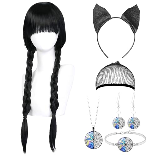 Wednesday Perücke 7 Stück, Perücke Schwarz mit Schmuck und Stirnband, Geflochtene Lange Schwarze Zopfperücke mit Pony, Wednesday Perücke Erwachsene Kinder, für Karneval Halloween Party Wednesday Perücke 7 Stück, Perücke Schwarz mit Schmuck und Stirnband, Geflochtene Lange Schwarze Zopfperücke mit Pony, Wednesday Perücke Erwachsene Kinder, für Karneval Halloween Party von oosheon
