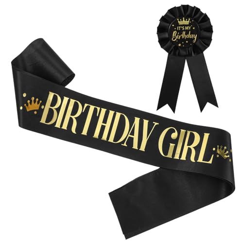 Oruola Schärpe und Abzeichen für Geburtstagskinder, schwarz-gold, Geburtstagsschärpe und Abzeichen, Partyzubehör für Frauen, Geburtstage, Mädchen, Zubehör, Schärpe, Abzeichen-Set für Kinder, Mädchen Oruola Schärpe und Abzeichen für Geburtstagskinder, schwarz-gold, Geburtstagsschärpe und Abzeichen, Partyzubehör für Frauen, Geburtstage, Mädchen, Zubehör, Schärpe, Abzeichen-Set für Kinder, Mädchen von oruola