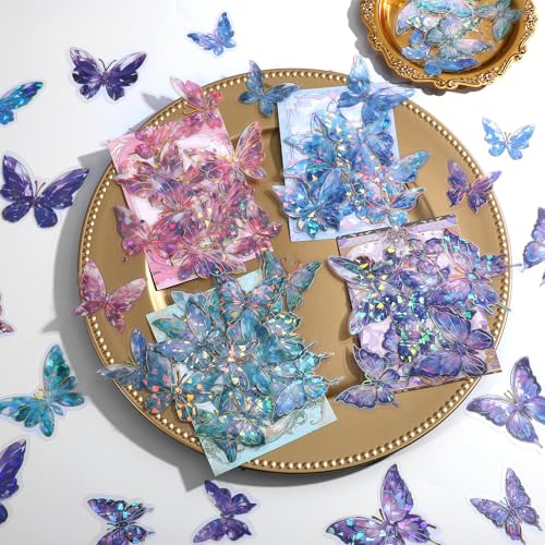 oruola 80 Stück Schmetterling Aufkleber,Schmetterling Hologramm Set,Sticker Schmetterlinge für DIY Handyhülle Dekoration,Wasserfest 3D Schmetterlinge zum Kleben,Holographic Stickers von oruola