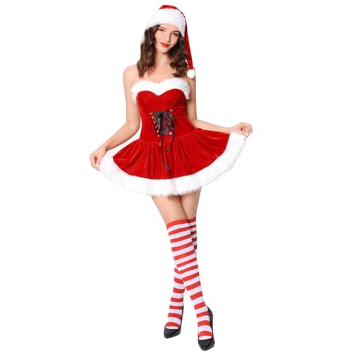 3-teiliges Damen Mrs. Klausel Kostüm Samtkorsetts Kleid Weihnachtsmütze Streifen Über Den Kniestrümpfen Weihnachtskostüm Weihnachtsmänner Sweeties Kostüm von oueyfer