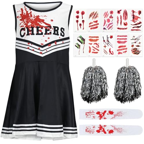 ouhos Cheerleader-Kostüm für Kinder im Alter von 5–10 Jahren, Kostümoutfit für Mädchen mit Strumpfhose, schwarzes Cheerleader-Kostüm, Halloween, Kinder verkleiden sich (Schwarz, 7–8 Jahre) von ouhos