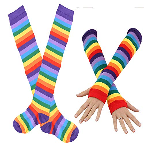 2er Set wunderschöne Regenbogen Kniestrümpfe und Fingerlose Armstulpen, Regenbogen Handschuhe Arm Wärmer und Strümpfe über Knie, schönes Party Fasching Festzug Kostüm, Party Accessoires von our fantasy time