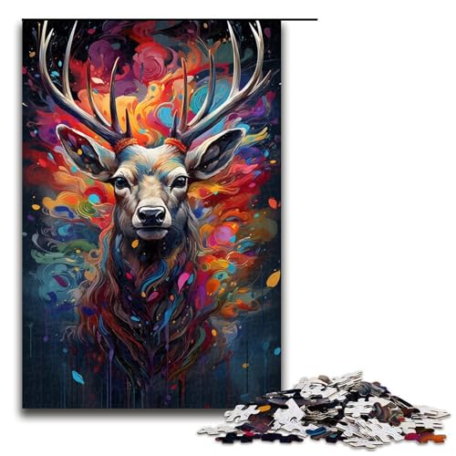 1000 Puzzles farbenfrohes psychedelisches Hirschtier-Holzpuzzle für Kinder Familien-Eltern-Kind-Interaktion 1000 Teile (75 x 50 cm) von ouynngjing