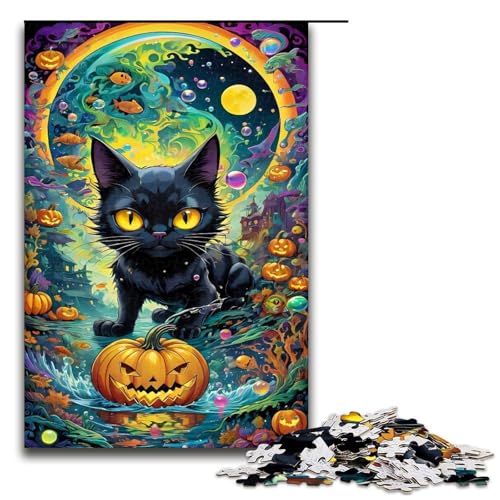 1000 teiliges Halloween Katzen Puzzle für Erwachsene Holzpuzzle Familienspiele 1000 Teile (75 x 50 cm) von ouynngjing